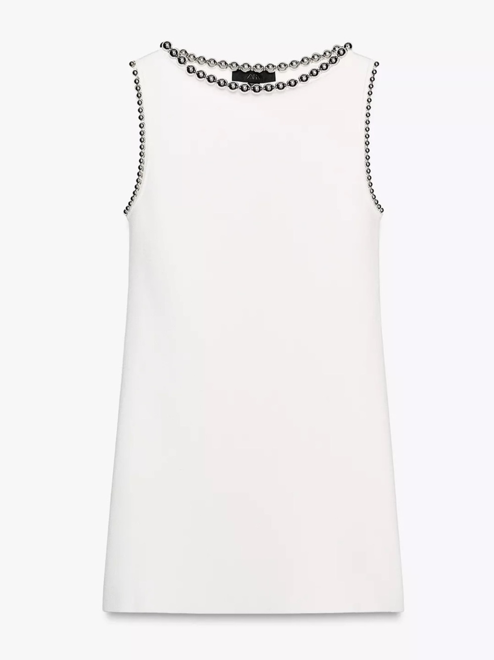White Sleeveless Shift Dress with Beaded Neckline